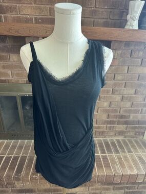 DVF Diane von Furstenberg Black Silk Blend Draped Asymmetric Raw Edge Tank Edgy